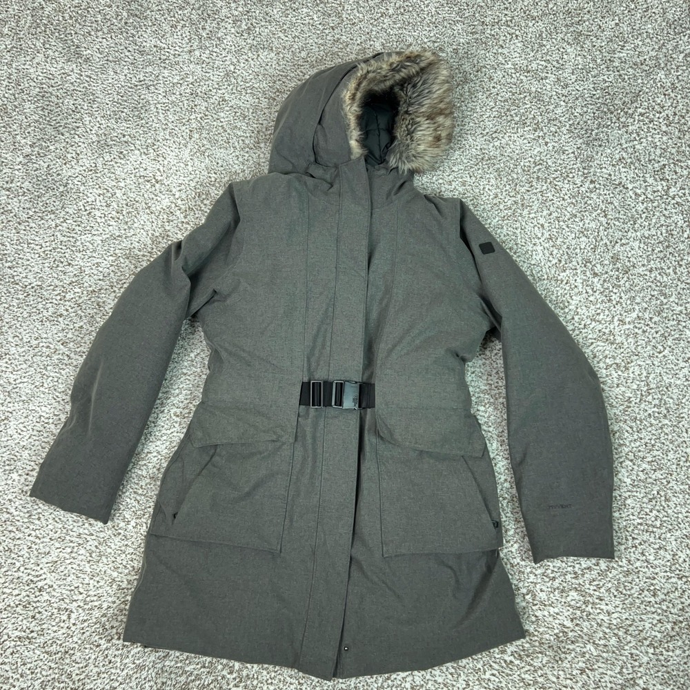 The North Face HyVent Parka Coat Womens M Gray Belted Jacket Down Danagiri Gorp
